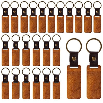 25pcs Leather Wood Keychain Blank, Wooden Keychain Blanks with Leather