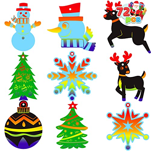 JOYIN Rainbow Color Scratch Christmas Ornaments, 72 Pack Craft Kit Toys Include Snowman, Snowflakes, Christmas Tree, and Reindeer JOYIN