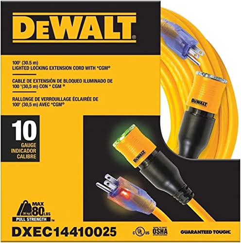 DEWALT 25 Foot Extension Cord Lighted Click-to-Lock 10/3 SJTW - Heavy Duty Outdoor, Waterproof, Weatherproof, Heat & Corrosion Resistant Industrial DEWALT
