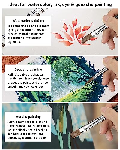 Nicpro 10 PCS Sable Watercolor Brush Set, Professional Watercolor Paint Brushes, Artist Kolinsky Variety Shapes with Flat Round Pointed Paint Brush Nicpro