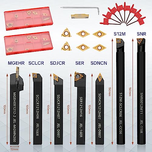 JOOGTO Indexable Lathe Turning Tool 21Pcs Kit 1/2'' 12mm Shank 7 Pcs Metal Lathe Tool Holder Set for Turning Grooving Threading Boring with 14 Pcs Joogto