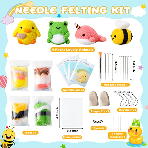 WATINC Set of 4 Cute Animal Needle Felting Starter Kit Frog Chick Bee Narwhal Animal Doll Wool Felting Tools Felt Needles Foam Mat DIY Needlework WATINC