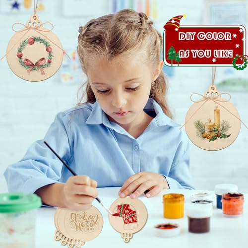 Artmag 100pcs Christmas Unfinished Wood Wooden DIY Hanging Ornaments Blank Round Wood Discs for Kids Crafts Centerpieces Holiday Christmas Hanging Artmag