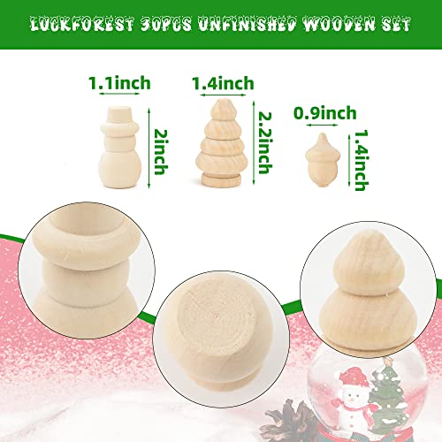 Luckforest 30Pcs Unfinished Wooden Set, Snowman Dolls Craft Christmas Tree Acorns Blank DIY Wooden Natural Wooden Xmas Tree for Crafts Arts Drawing Luckforest