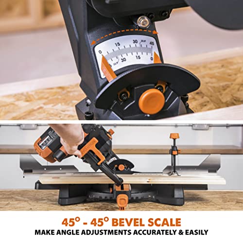 Evolution Power Tools R255SMS-DB+ 10-Inch Dual Bevel Sliding Miter Saw Multi-Material, Multipurpose Cutting Cuts Metal, Plastic, Wood 45˚-45˚ Double Evolution