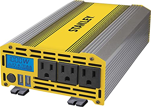 STANLEY PI1000S Power Inverter 1000W Car Converter: Triple AC Outlets, Dual 3.1A USB Ports, 12V DC Adapter STANLEY