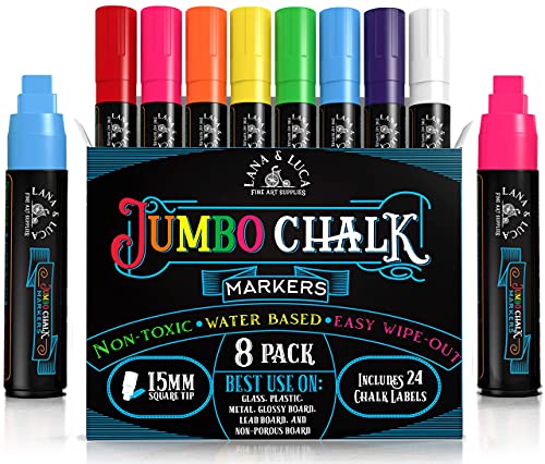 LANA & LUCA Jumbo Liquid Chalk Markers Square Tip - Bold Color Chalk Board Marker for Chalkboards, Windows, Signs, Blackboards - 24 Chalkboard Labels LANA & LUCA