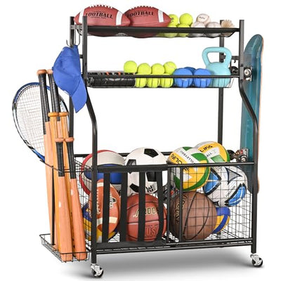 PLKOW Sports Equipment Storage for Garage, Garage Sports Equipment Organizer, Ball Storage Rack, Garage Organizer with Basket and Hooks for Toy