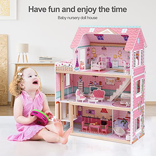 ROBOTIME Wooden Dollhouse, Doll Houses with 24 Pieces Furniture for 4, 5, 6-Inch Dolls, Dollhouse Gift for 3+ Year Old Girls (Pink) ROBOTIME