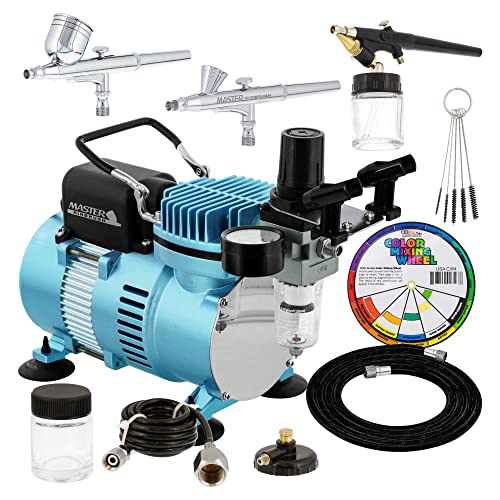 Master Airbrush Cool Runner II Dual Fan Air Compressor Professional Airbrushing System Kit with 3 Airbrushes, Gravity and Siphon Feed - Holder, Color Master Airbrush