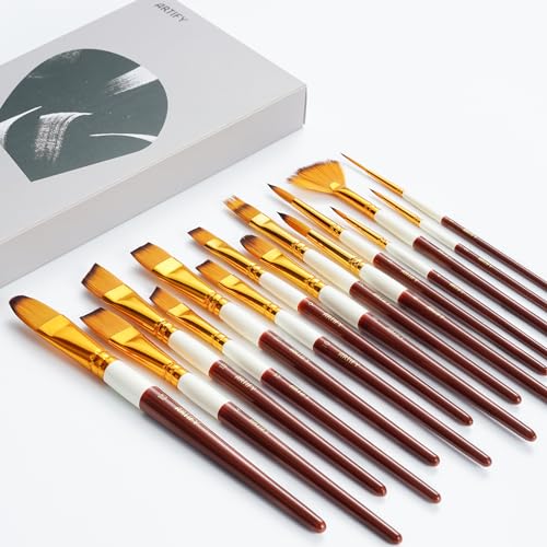 ARTIFY 2023 New Paint Brush Set, 15 Pcs Paint Brush Set for Acrylic Watercolor Oil and Gouache Painting - Brown & White ARTIFY art supplies