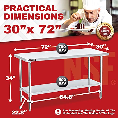 Food Prep Stainless Steel Table - DuraSteel 30 x 72 Inch Commercial Metal Workbench with Adjustable Under Shelf - NSF Certified - For Restaurant, DuraSteel