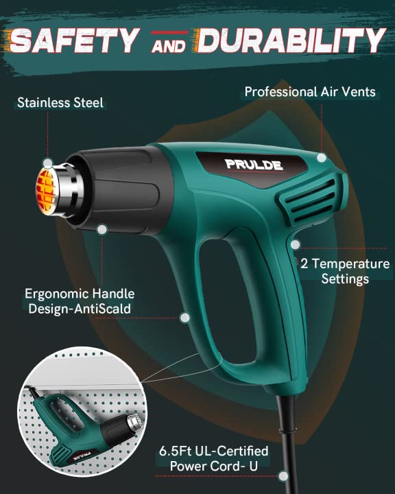 Heat Gun, PRULDE 1500W Dual Temperature Settings 572°F~1112°F Fast Heating Hot Air Gun with 6.5Ft Power Cord/4 Nozzles/Overload Protection for NEU MASTER
