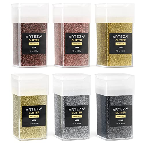 Arteza Fine Glitter, Set of 6, Metallic Glitter for Resin in 1.5-oz Bottles, Arts and Crafts Supplies for Art Class, After-School Programs, and ARTEZA