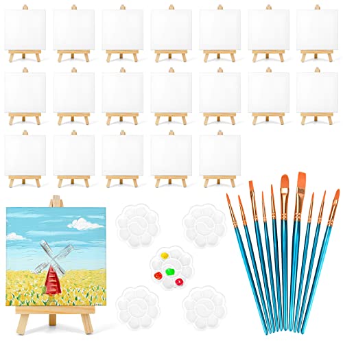 20 Pack 4x4 in Mini Canvases, Small Stretched Painting Canvas Panel with Mini Easel, Art Canvas Painting Kit with 10 Brushes & 5 Paint Tray for Kids MicoSim