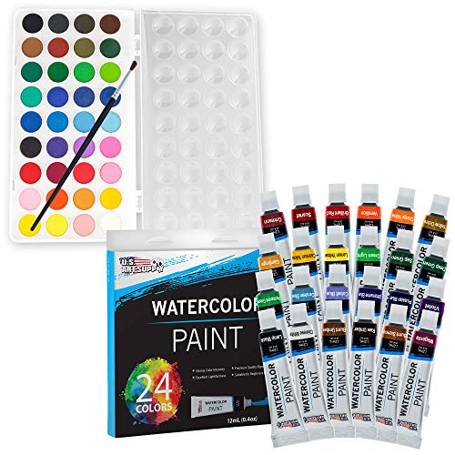 U.S. Art Supply 70-Piece Artist Watercolor Painting Set with Aluminum Field Easel, Wood Table Easel, 60 Watercolor Paint Colors, 34 Brushes, 2 US Art Supply