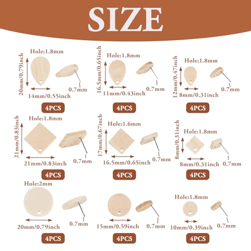 FASHEWELRY 36Pcs Wood Earring Blanks Natural Teardrop Flat Round Wood Stud Earring Findings Rhombus Wheat Color Wooden Earring Posts for Jewelry FASHEWELRY