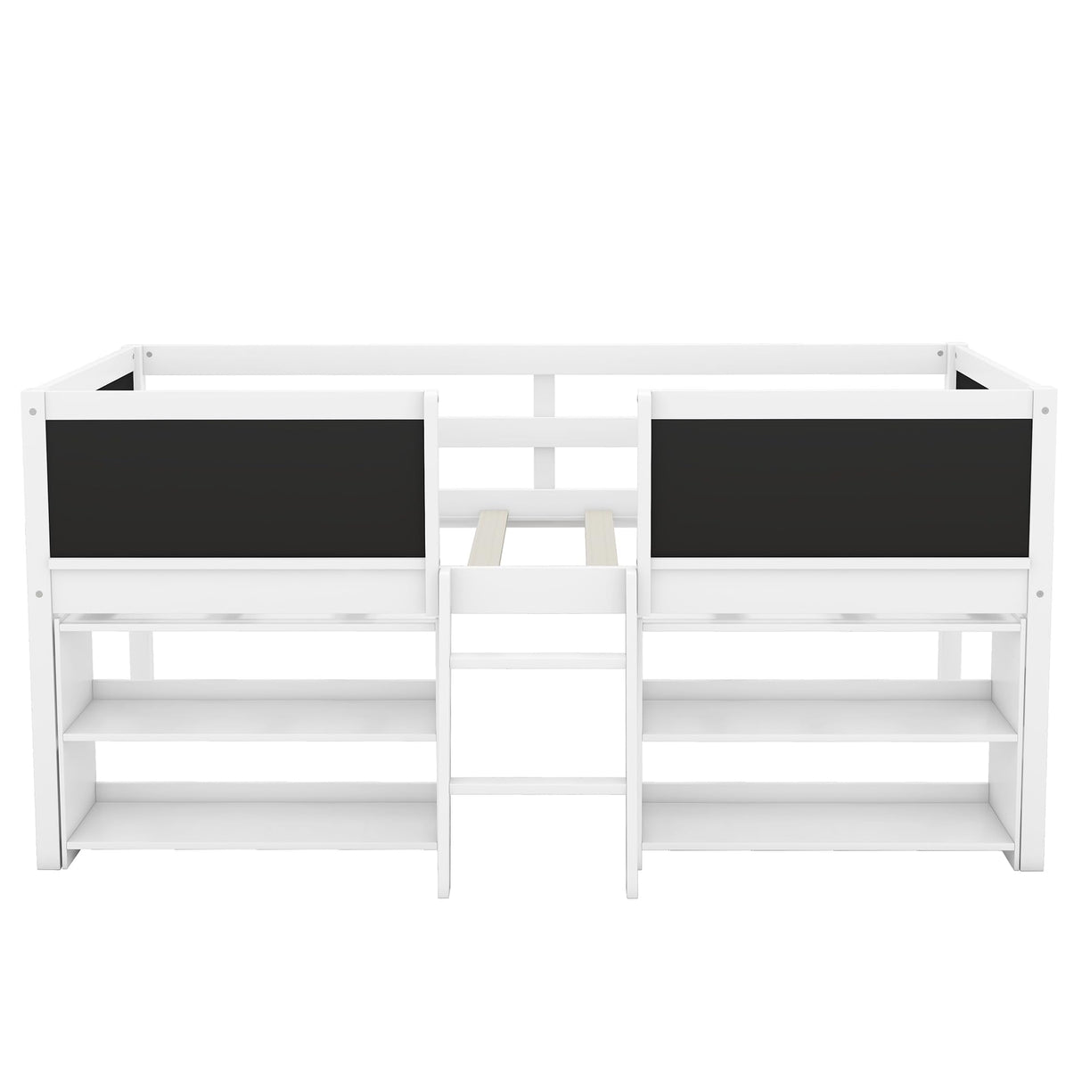 SOFTSEA Twin Size Low Loft Bed with Movable Shelves and Chalkboard - Space-Saving Wooden Design in White SOFTSEA