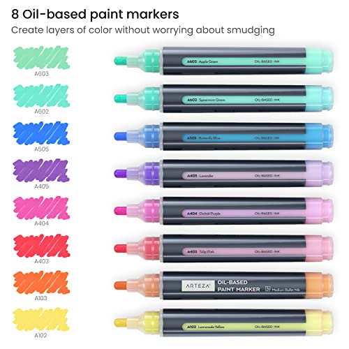 ARTEZA Pastel Oil-Based Markers, 8-Pack, 2.5 mm Line, Large Barrel, Quick-Drying Permanent Marker Pens with Bullet Nib, Craft and Art Supplies for ARTEZA