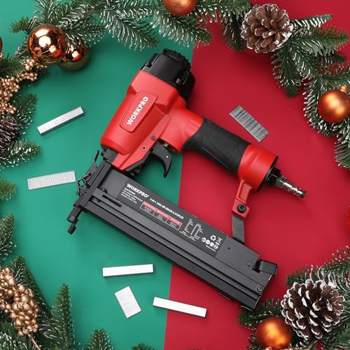 WORKPRO Pneumatic Brad Nailer, 18 GA, 2 in 1 Nail Gun and Crown Stapler, with 400pcs Nails/ 300pcs Staples, for Carpentry, DIY Project, Woodworking WORKPRO