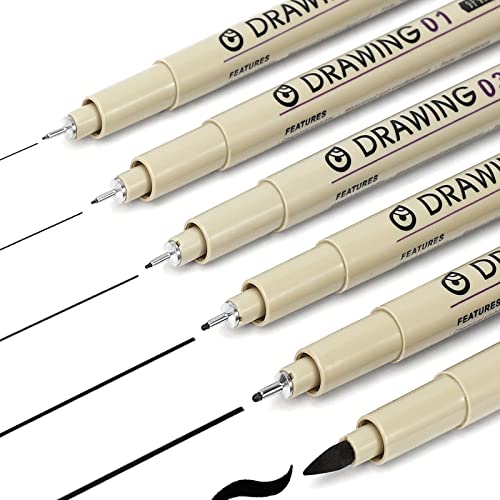Micro Fineliner Drawing Art Pens: 6 Black Fine Line Waterproof Ink Set Artist Supplies Archival Inking Markers Pigment Liner Journaling Sketch KOUSICOO
