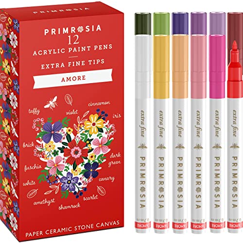 Primrosia 12 Amore Acrylic Paint Pens for rock painting, paper, wood, ceramic, stone, canvas – Extra Fine Tip Markers Set Primrosia