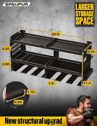 Spampur Power Tool Organizer Wall Mount with Charging Station, Garage Tool Shelf 6 Drill Holders, Tool Battery Holder with Screwdriver Heavy Duty Spampur