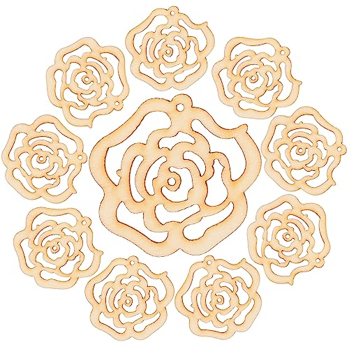 LUOEM 10pcs Hollow Rose Flower Wooden Cutouts Mini Wooden Slices for Patchwork DIY Handmade Crafting Valentine's Day Wedding Party Aniversary Hanging LUOEM