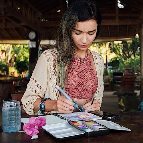 ARTEZA Iridescent Watercolor Paint Set, 12 Metallic Pearl Colors Half-Pans, Brush included, Reusable Glitter Paint, Non-Toxic, Art Supplies for ARTEZA