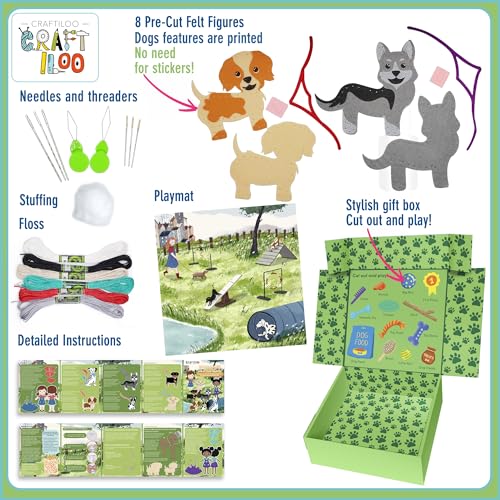 CRAFTILOO 8 Pre-Cut Dogs Stuffed Animal Fun Kids Sewing Kit for Kids Ages 8-12 Children Beginners Sewing kit Kid Puppy Crafts Felt Pillow Plush Craft CRAFTILOO
