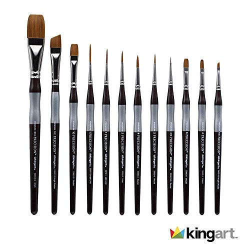 KINGART 1070B Premium Precision Mixed Media Artist Paint Brushes Set of 12, Ergonomic Comfort Short Handle, Oil, Watercolor, Acrylic Painting, Gift KINGART
