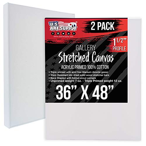 U.S. Art Supply 36 x 48 inch Gallery Depth 1-1/2" Profile Stretched Canvas, 2-Pack - 12-Ounce Acrylic Gesso Triple Primed, Professional Artist U.S. Art Supply