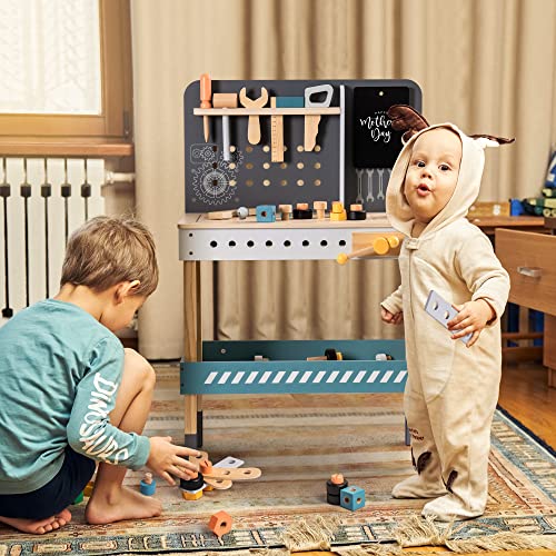 ROBOTIME Wooden Tool Bench for Kids Toy Play Workbench Workshop with Tools Set, Creative Wood Construction Tool Bench Toy for 3 4 5 Year Old Boys ROBOTIME
