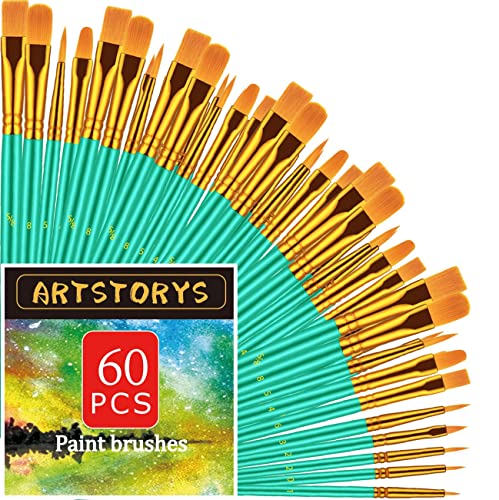 Paint Brushes Set, 60 Pcs Paint Brushes for Acrylic Painting, Oil Watercolor Acrylic Paint Brush, Artist Paintbrushes for Body Face Rock Canvas, Kids Artstorys