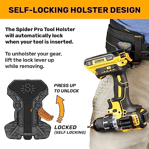 Spider Tool Holster - Pro Tool Holster + Two Driver Pins - Upgraded, Self Locking Multi Tool Holder with Ambidextrous Thumb Lock - Compatible with Spider