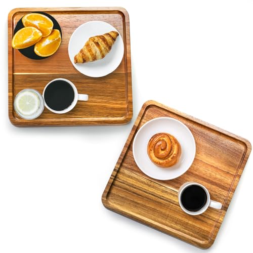 Elsjoy 2 Pack Acacia Wood Square Serving Tray, 10 Inch Square Wood Serving Platter Wooden Serving Board, Square Acacia Wood Plates for Charcuterie, Elsjoy