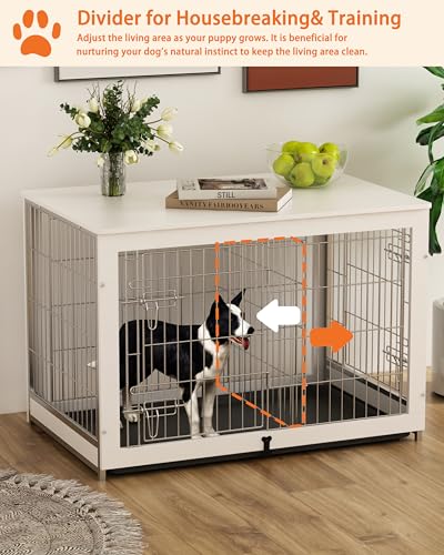 Piskyet Wooden Dog Crate Furniture with Divider Panel, Dog Crate End Table with Fixable Slide Tray, Double Doors Dog Kennel Indoor for Large Piskyet