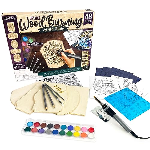 ArtSkills Wood Burning Kit for Beginners - Deluxe Pyrography Wood Engraving Art Kit with Burner Pen, Stencils, Watercolor Paints - 48 Piece DIY ArtSkills