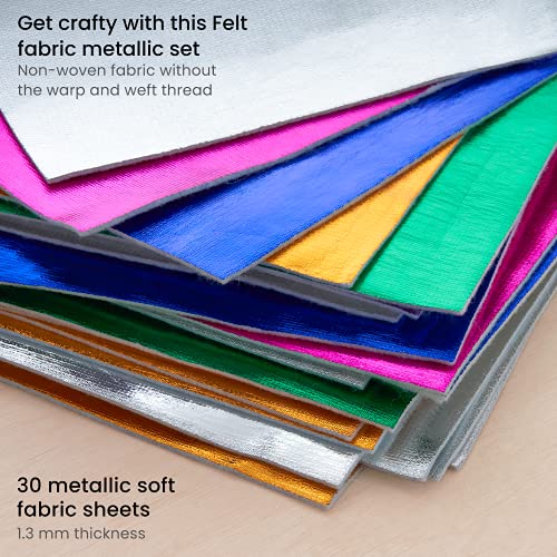 ARTEZA Metallic Felt Sheets, Set of 30, 8.3 x 11.8 inches, 6 Colors of Craft Felt, 1.3mm Thick Soft Non Woven Felt Fabric Squares, Sewing Fabric for ARTEZA
