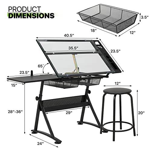 Magshion Drafting Table Desk Adjustable Height Artist Desk with Tilting Glass Tabletop and Sliding Wood Desktop, All-in-One Art Desk for Reading, Magshion