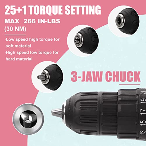 COMOWARE Cordless Drill Set, 20V Power Drill, Pink Drill Set for Women, 1 Battery & Charger, 3/8" Keyless Chuck, 2 Variable Speed, 266 In-lb Torque, COMOWARE