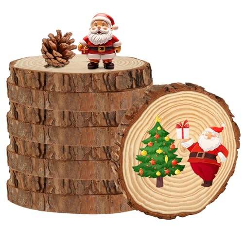 SHUESS 8 PCS 7-7.8 Inch Nature Unfinished Wood Slices, Round Wooden Circle with Tree Bark, Large Natural Pine Wood Slabs Rustic Wood Slices for DIY SHUESS