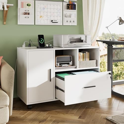 DEVAISE File Cabinet with Charging Station, 1 Drawer Rolling File Cabinet, Locking Filing Cabinet for Home Office, Printer Stand with Storage, White DEVAISE