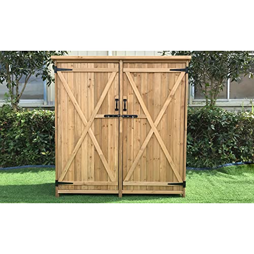 Hanover Outdoor Storage Shed, Double Door Wood Shed for Tools and Garden Supplies with Shelf and Locking Latch, 36 Cu.Ft. Capacity (4.4' x 5' x Hanover