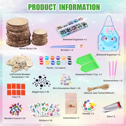 Christmas Wooden Arts and Crafts Kits for Kids Ages 8-12, 24 Wood Slices with Diamond Painting, DIY Creative Art Toys for Girls Boys, Arts&Crafts LATEEFAH