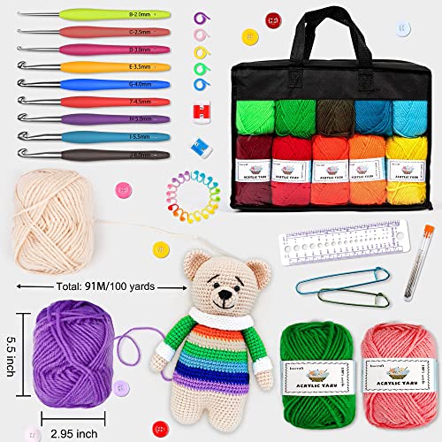 20 Large Acrylic Yarn Skeins-105 PCS Crochet Kit with Hooks Yarn Set, Premium Bundle Includes 2000 Yards Yarn Balls, Needles, Accessories, Ideal INSCRAFT
