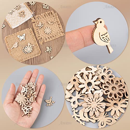 AUEAR, 300 Pack Wooden Embellishments Butterfly Flower Bird Slices Discs Unfinished Wooden Cutouts Wood Ornaments for Crafts DIY Handmade Decoration AUEAR