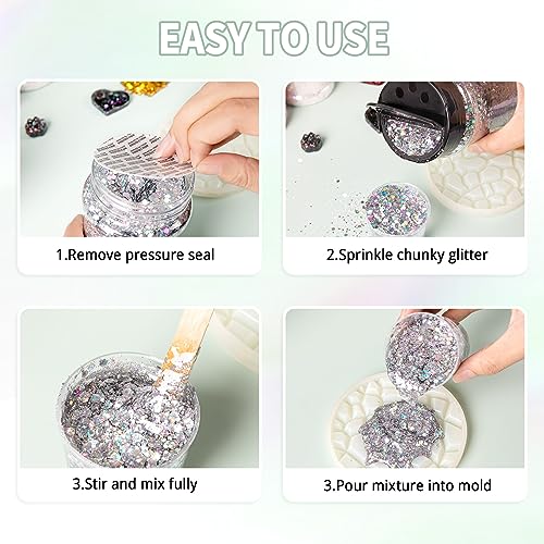 HTVRONT Chunky Glitter for Resin - 200g/7oz Silver Glitter, Designed Shaker Cap Holographic Glitter, Craft Glitter Powder Mixed Chunky Fine Flakes HTVRONT