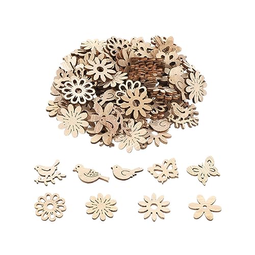 Creaides 100pcs Mini Bird Wood DIY Crafts Cutouts Wooden Bird Flower Butterfly Slices Embellishments Gift Unfinished Wood Ornaments for DIY Projects Creaides