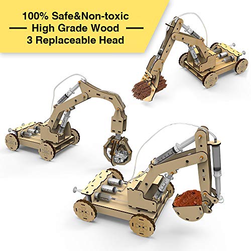 3D Wooden Construction Excavator Vehicle Toys Set, STEM Science Kit with Air Pressure System to Build A Wood Excavator Model Including 3 Replaceable Mini Tudou